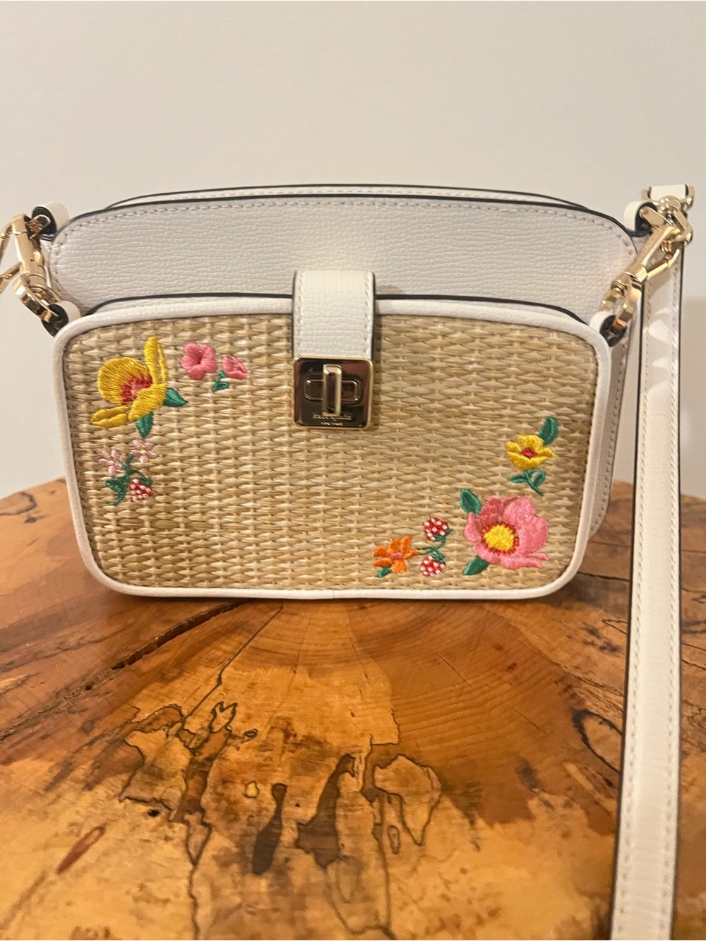 kate spade White Straw Crossbody with Pink & Yellow Floral Embroidery